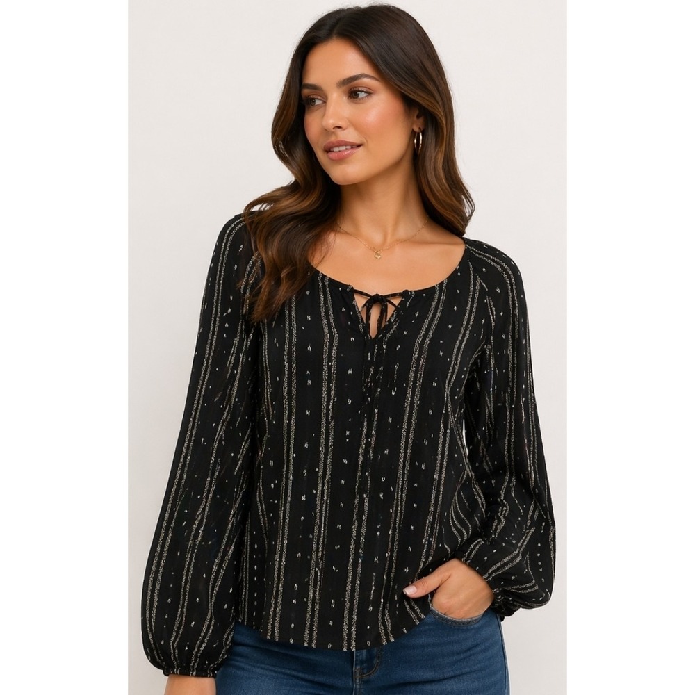 Sonoma Peasant Blouse Womens XL Black Striped Tie Neck Balloon Sleeve Top Boho